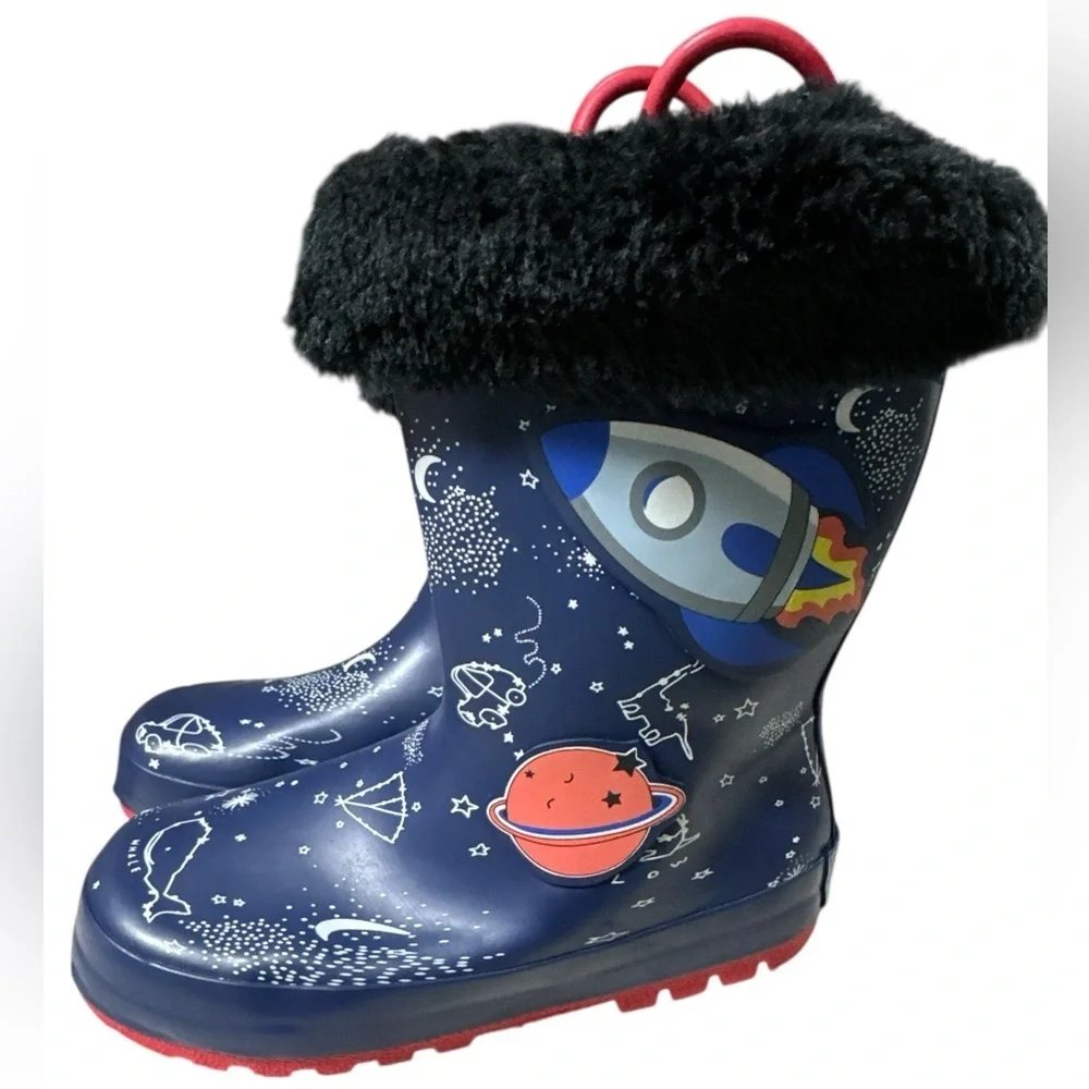 NOVA Navy Space Rocket Rain Boots with Removable Fur Lining - Kids Size 13